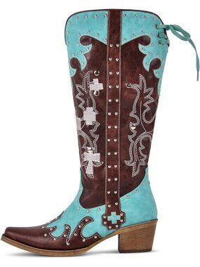 Women's Brown Rubber Embroidered High Studded Two-Tone Pathwork Cowgirl Boot
